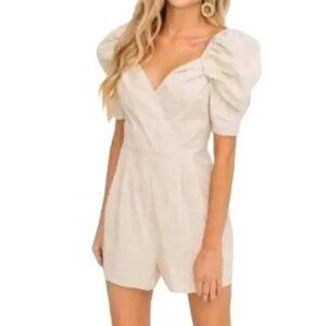 All In Favor Puff Sleeve Linen Blend Romper Cream Womens Small